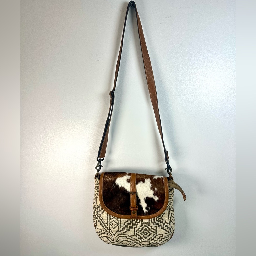Myra Bag Brown and White Cowhide Shoulder Bag Crossbody Grey canvas western - Picture 2 of 12